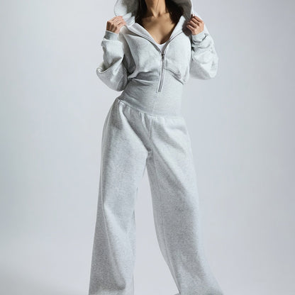 Damesjumpsuit met capuchon, wijde pijpen, rits, beige