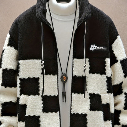 Chaqueta unisex de forro polar de peluche con cremallera y estampado de tablero de ajedrez azul y blanco