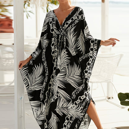 Kaftan de luxe pour femme – motif tropical de palmiers et chaînes, parfait comme paréo de plage ou de piscine