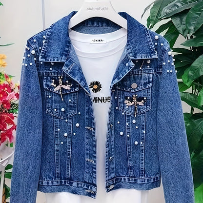 Jeansjacke Damen Blau mit Perlen und Stickerei