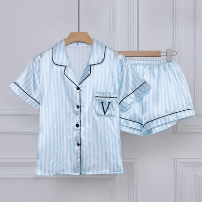 Set pigiama donna manica corta con righe e abbottonatura – Set comodo di biancheria da notte estiva