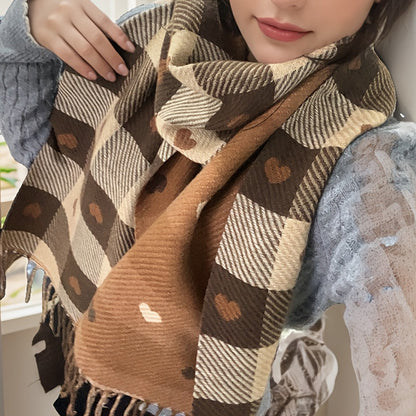 Karierte Damen-Schal mit Herzmuster und Fransen, weiches Material
