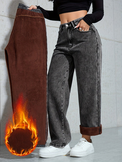 Jeans da donna, grigio scuro, dal taglio ampio, con fodera calda