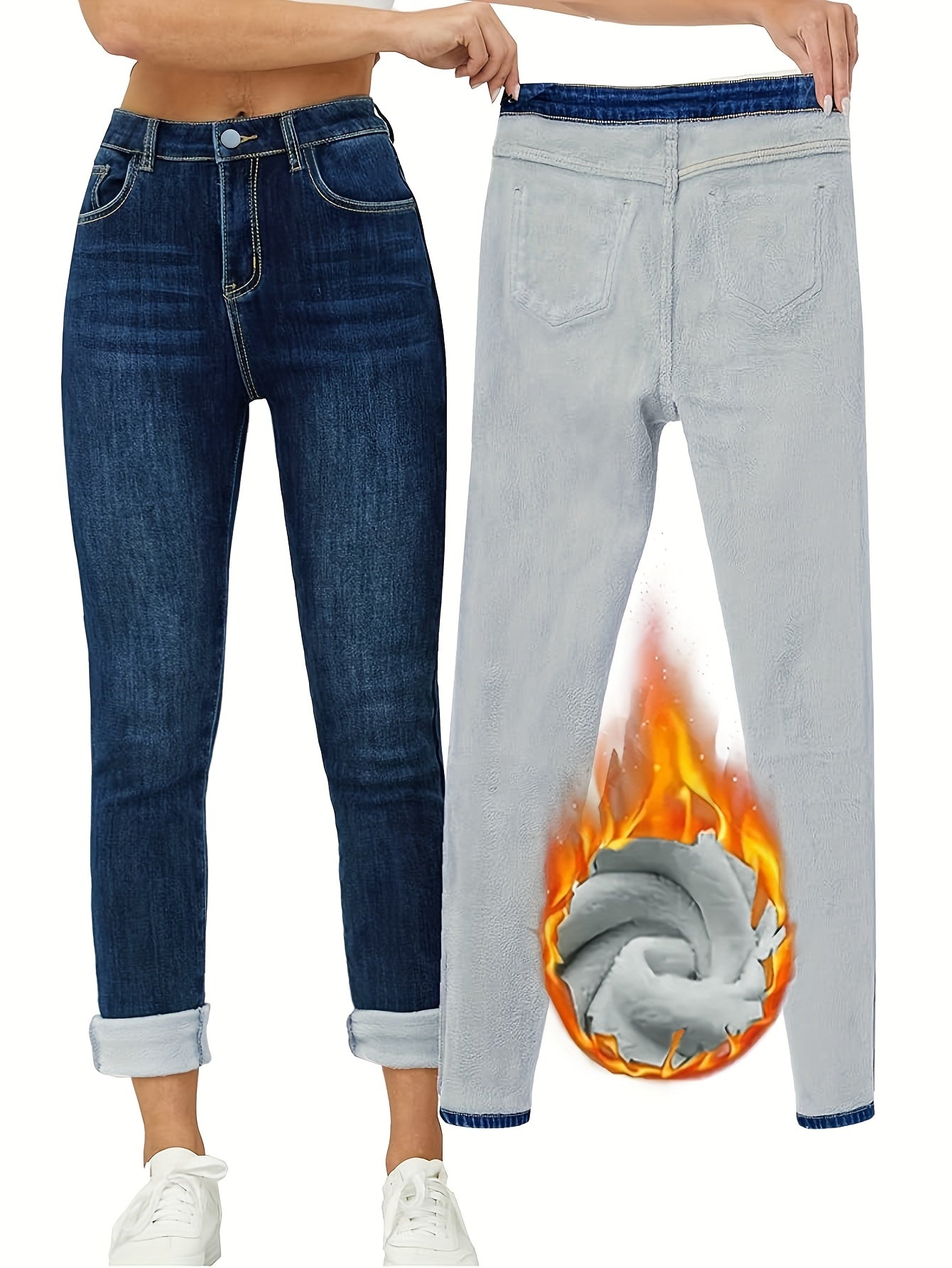 Damen Jeans Dunkelblau mit warmem Futter High Waist