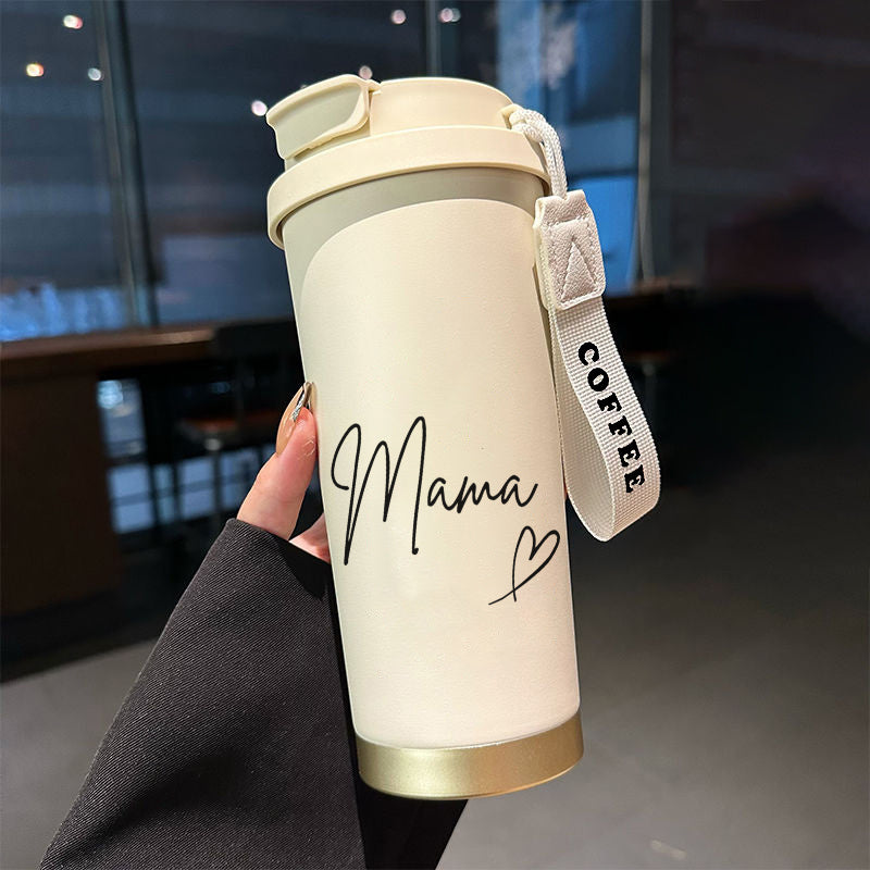 Mama thermobeker dames – stijlvolle reisbeker met opschrift en draaglus, perfect voor koffie & thee onderweg