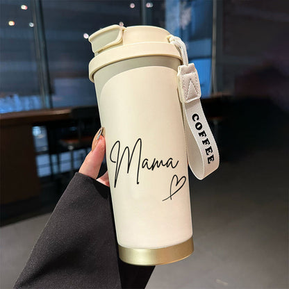 Mama thermobeker dames – stijlvolle reisbeker met opschrift en draaglus, perfect voor koffie & thee onderweg