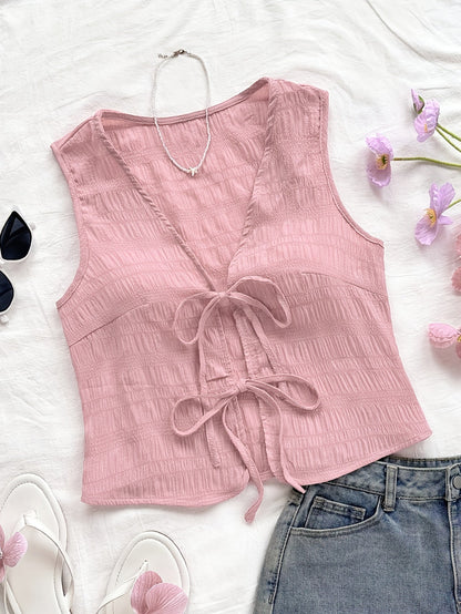 Dame ermeløs boho-vest med knytebånd og krinkeleffekt – Perfekt for fritid, strand og festivaler