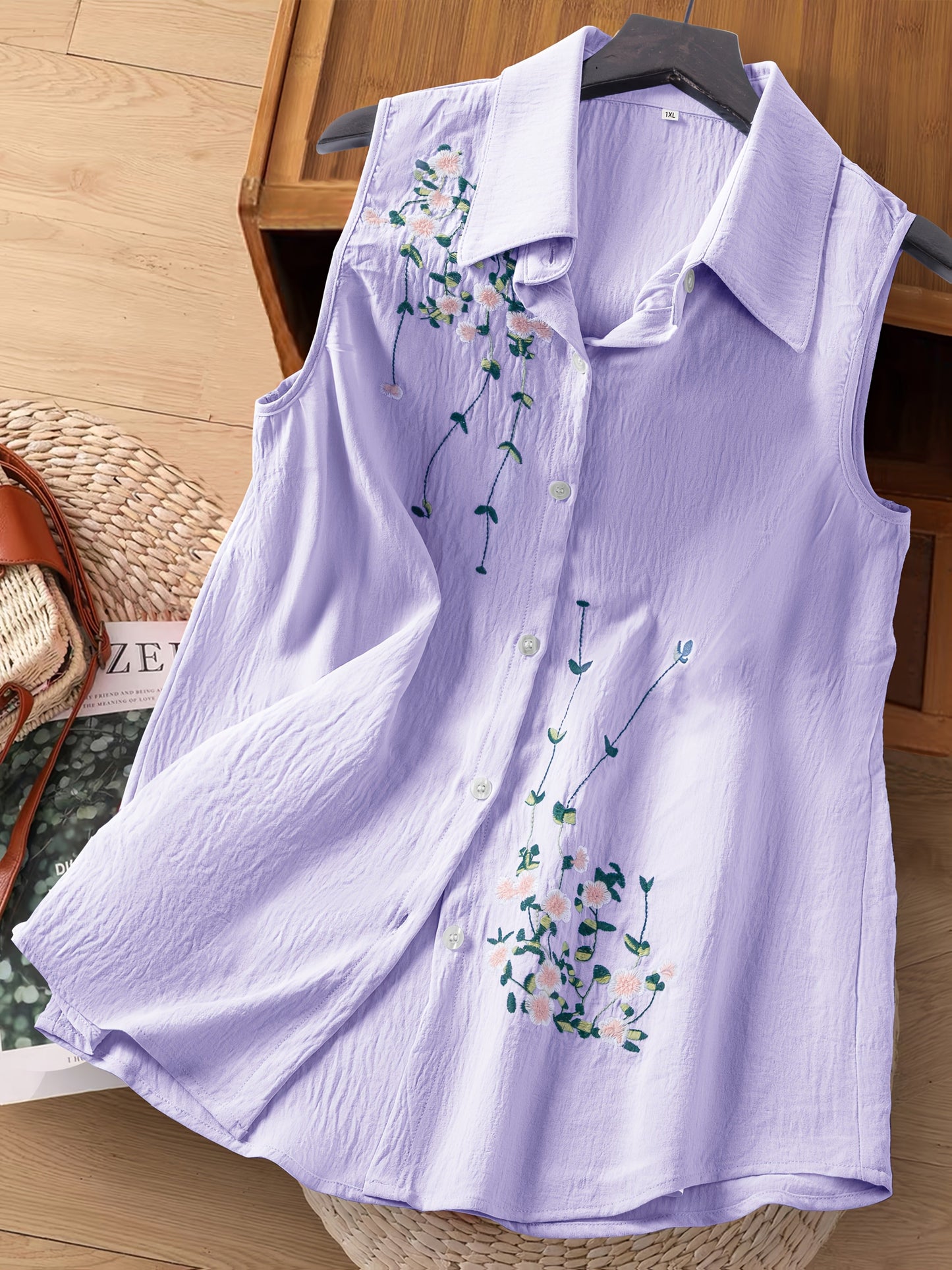 Damski top bez rękawów z kwiatową haftem – elegancki styl casualowy