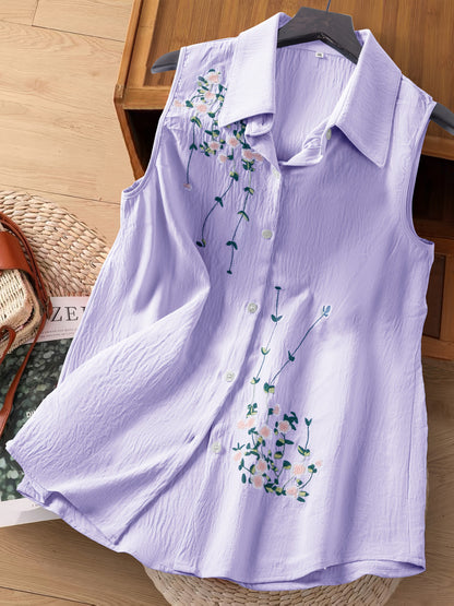 Damski top bez rękawów z kwiatową haftem – elegancki styl casualowy