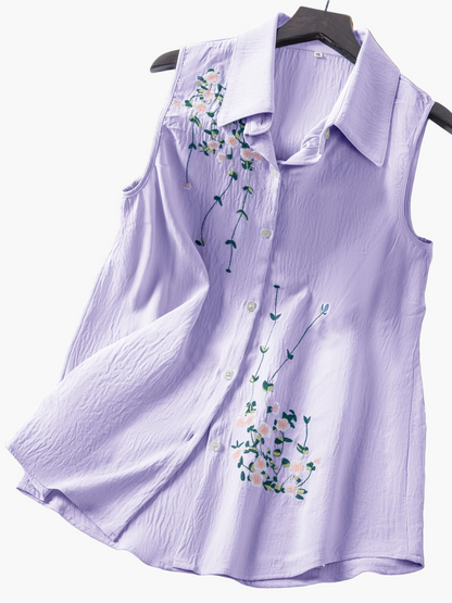 Damski top bez rękawów z kwiatową haftem – elegancki styl casualowy