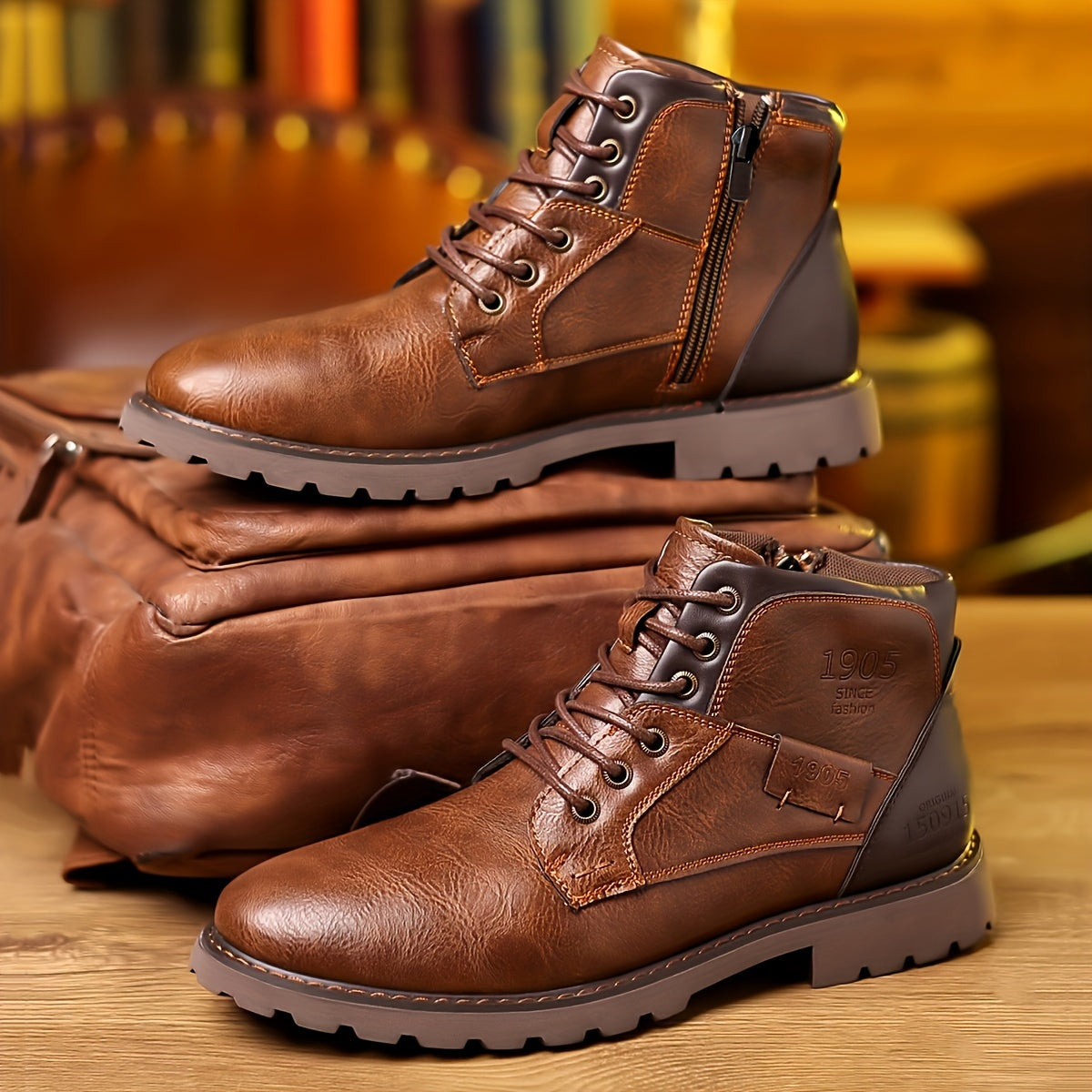 Herren Schnürstiefeletten mit Reißverschluss und Profilsohle in Braun