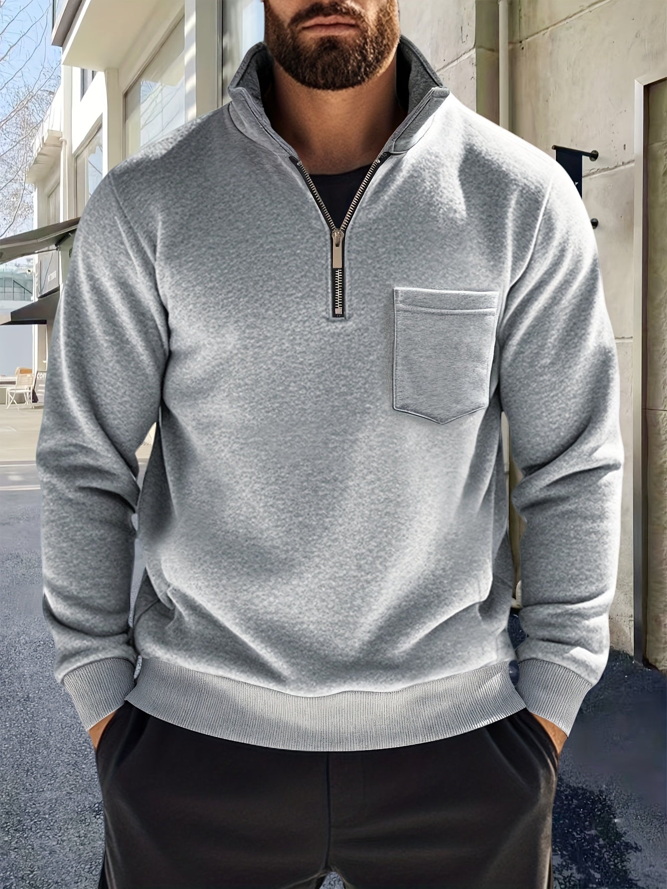 Heren-sweatshirt met halve ritssluiting, opstaande kraag en borstzak, donkergrijs