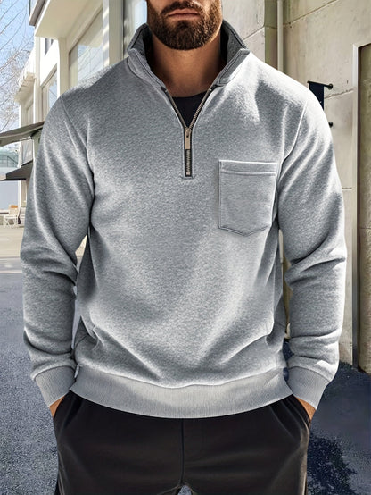 Heren-sweatshirt met halve ritssluiting, opstaande kraag en borstzak, donkergrijs