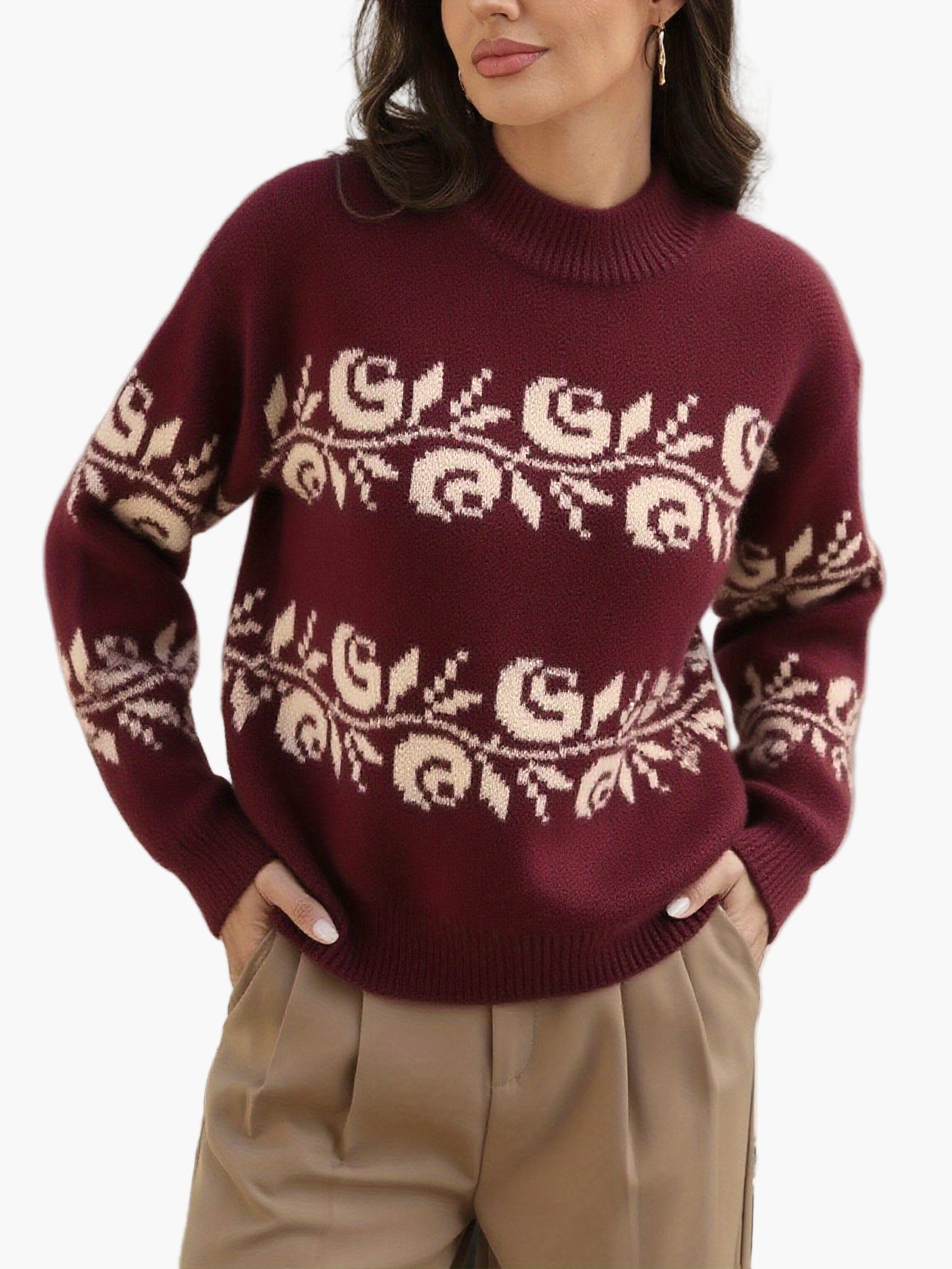 Maglione elegante da donna con motivo floreale jacquard – Ideale per autunno e inverno