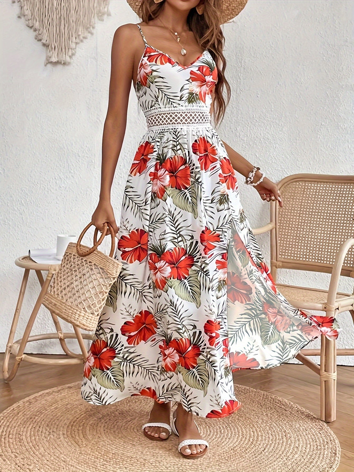 Damen Maxikleid Elegant mit Blumenmuster und Schlitz für Sommer und Urlaub
