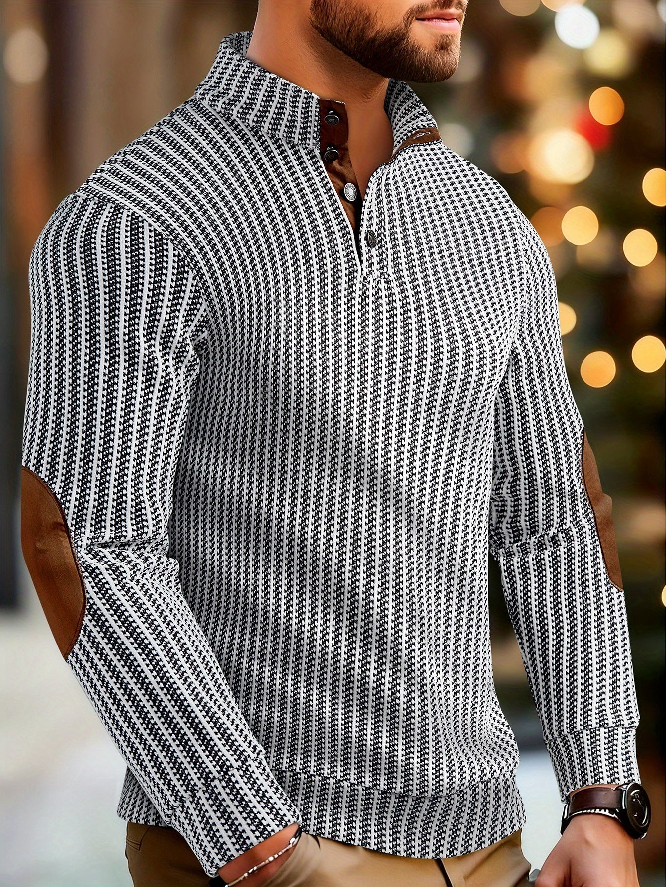 Herren Strickpullover Mock-Neck mit Knopfleiste Ellbogen-Patches Gerippt