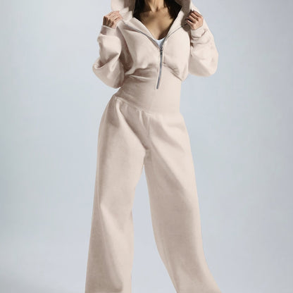 Damesjumpsuit met capuchon, wijde pijpen, rits, beige