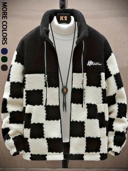 Chaqueta unisex de forro polar de peluche con cremallera y estampado de tablero de ajedrez azul y blanco