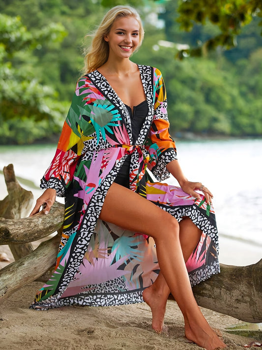 Damstrandkimono lång med tropiskt mönster och djurprint – Perfekt för semester och resort