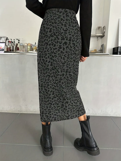 Gonna midi da donna con motivo leopardato e spacco