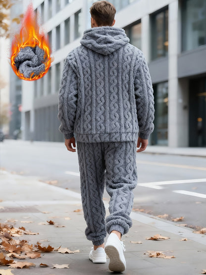 Herren Plüsch Loungewear Set mit Kapuzenpullover und Hose, Zopfmuster, Schwarz