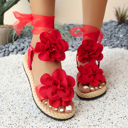 Sandalias de mujer con adornos de flores y lazos – Estilo veraniego juguetón para ocasiones festivas