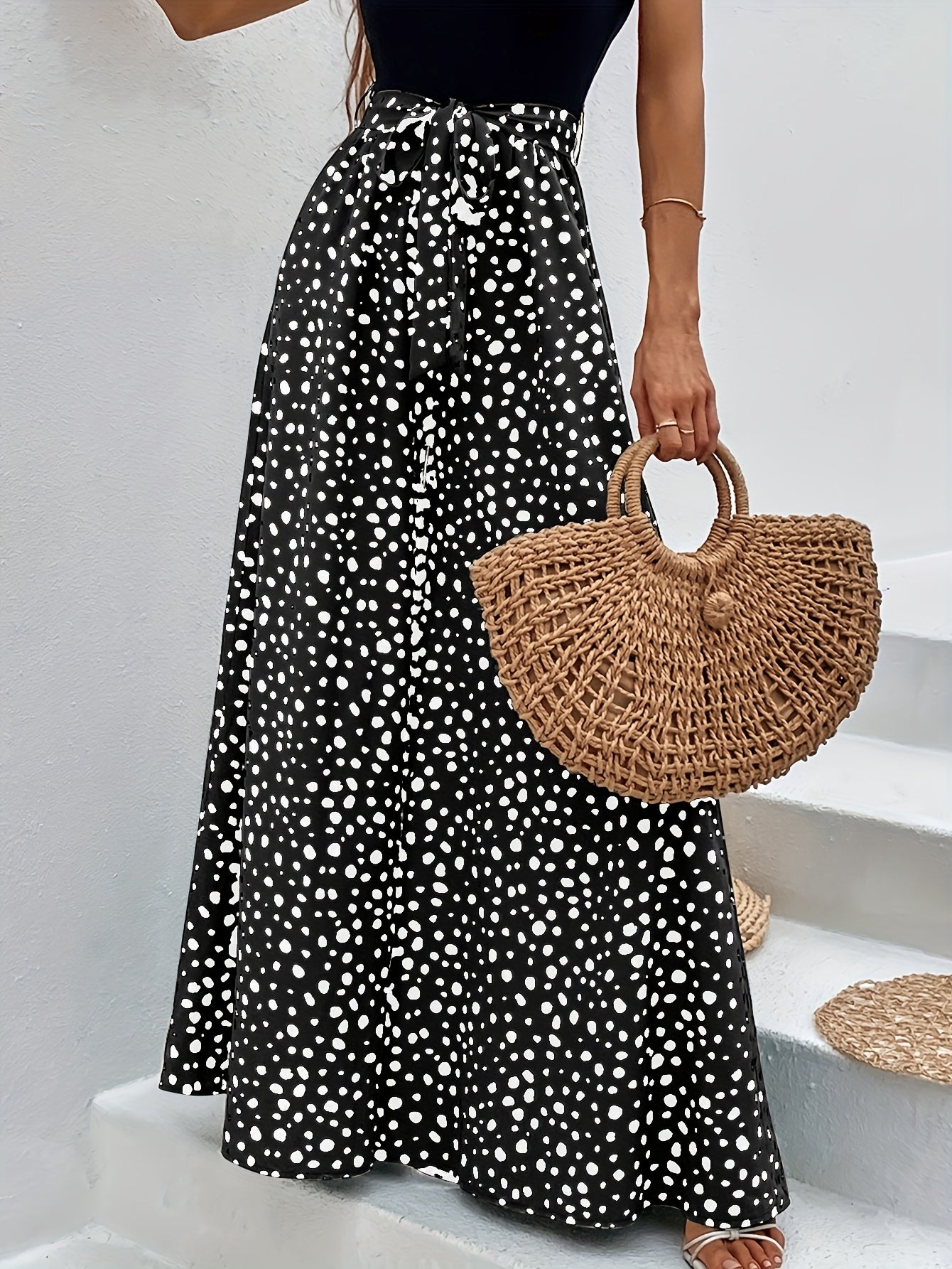 Dames elegante wijde broek met stippen en ceintuur – perfect voor lente & zomer