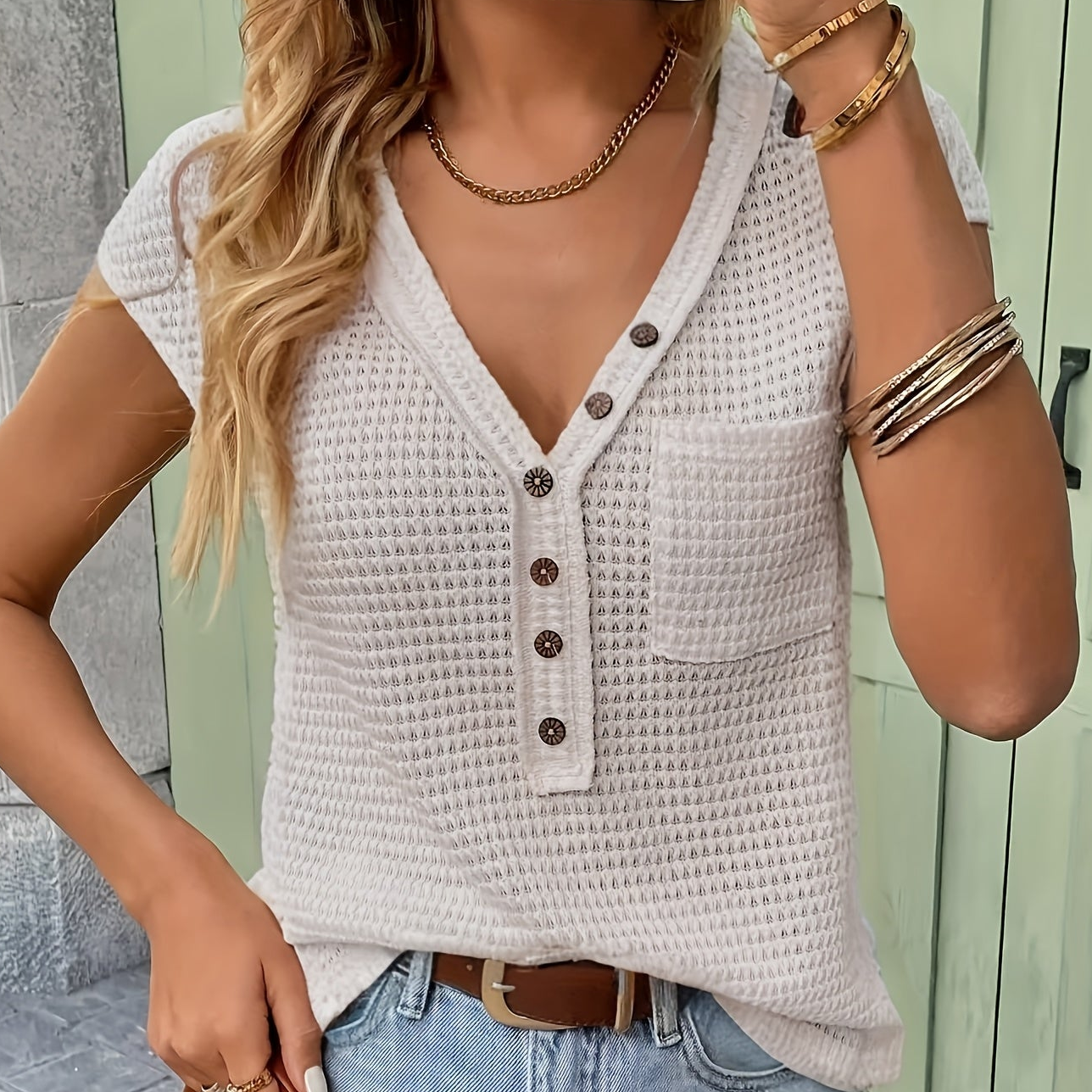 Damen Kurzarm Henley Shirt mit Knopfleiste und Struktur – Freizeit & Alltag