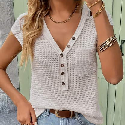 Damen Kurzarm Henley Shirt mit Knopfleiste und Struktur – Freizeit & Alltag