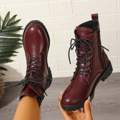 Botines de cordones para mujer, color burdeos, con cremallera y suela dentada