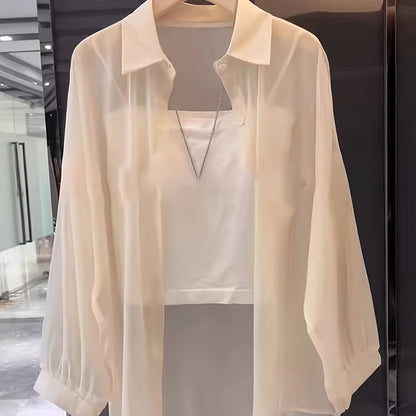 Damen Zweiteiliges Set – Transparentes Oversize-Hemd mit Bandeau Top, Modernes Layering-Outfit