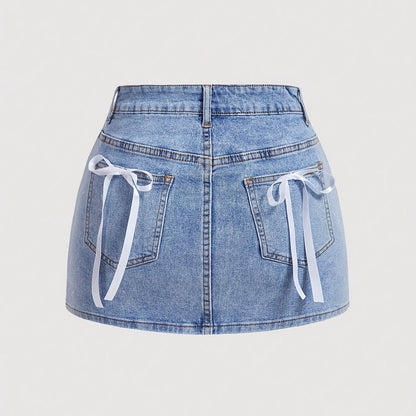 Gonna corta da donna in jeans con dettagli a fiocco e tasche – Gonna estiva alla moda per tempo libero e uso quotidiano