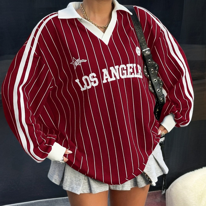 Uniseksowa koszulka polo z długim rękawem, bordowo-białe paski, nadruk Los Angeles