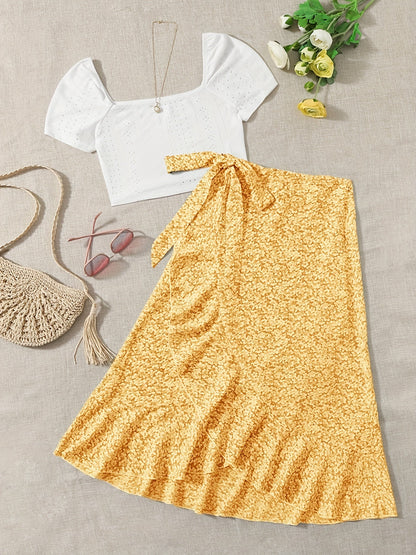 Conjunto de dos piezas para mujer – Look veraniego y coqueto con blusa y falda cruzada con estampado floral, ideal para tiempo libre y vacaciones