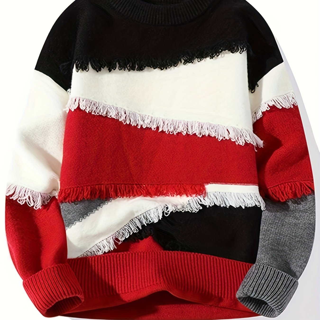 Unisex Patchwork Pullover mit Fransen Rundhals Langarm Strickpullover Mehrfarbig