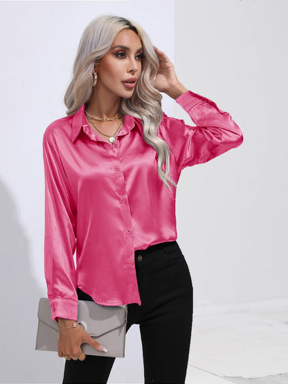 Damen Satinbluse im Cardigan-Stil – Elegante Bluse für Büro, Alltag & Feste