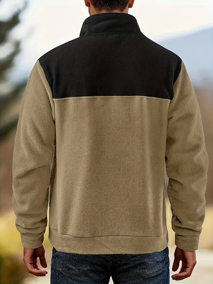 Fleece-pullover til herrer med ståkrave og trykknapper, tofarvet i grøn og sort