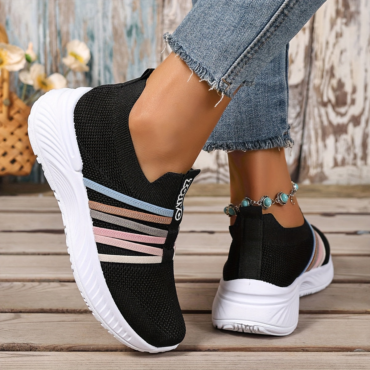 Sneaker Slip-On da donna con motivo a righe – Scarpe casual comode per tutti i giorni e viaggi