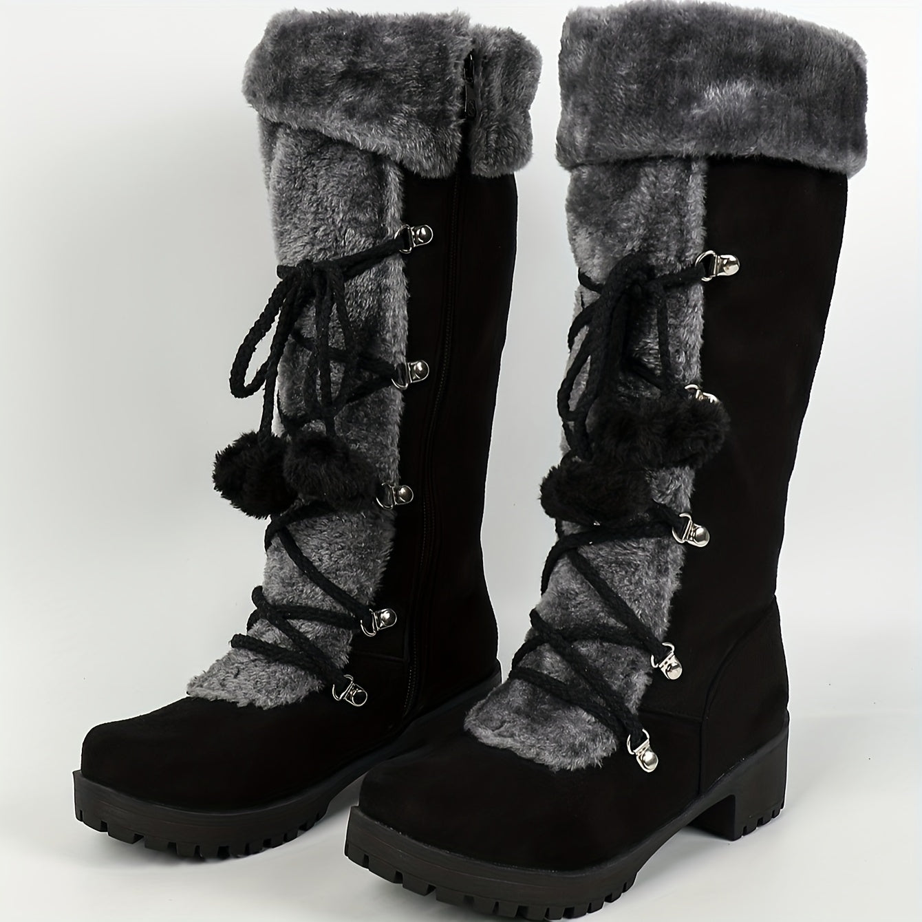Damen Winterstiefel Schwarz mit Plüschbesatz & Pompons, seitlicher Reißverschluss