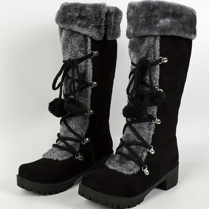 Damen Winterstiefel Schwarz mit Plüschbesatz & Pompons, seitlicher Reißverschluss