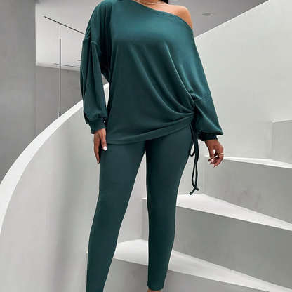 Damen Loungewear Set mit Off-Shoulder Oberteil und Leggings Dunkelgrün