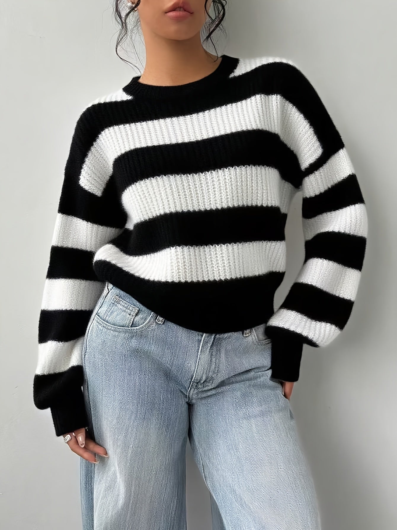 Gestreifter Pullover Damen Schwarz Weiß Langarm Rundhals Strickpullover