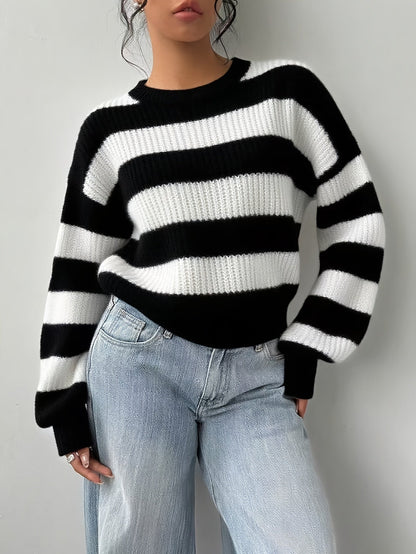 Gestreifter Pullover Damen Schwarz Weiß Langarm Rundhals Strickpullover