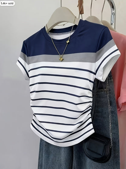 Damen T-Shirt mit Streifen und Raffung – Modisches Freizeitshirt, Sommer-Stil