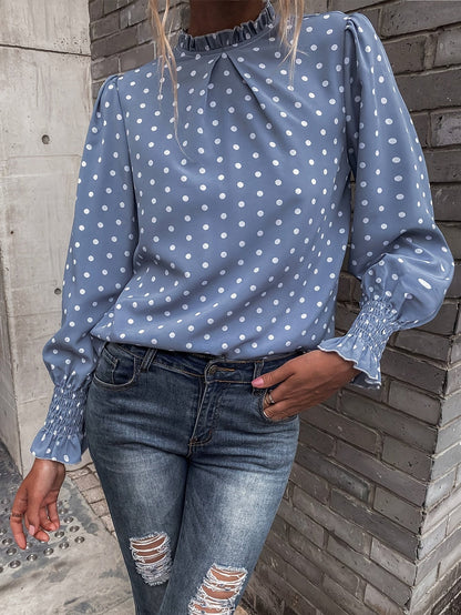 Blusa de mujer de manga larga, cuello mao con volantes, azul claro con estampado de lunares