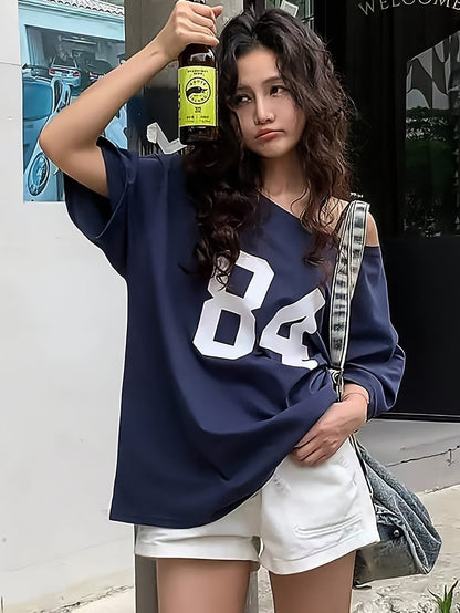 Dams Oversized T-shirt i Varsity-stil med nummer 84 – Avslappnad streetwear-topp