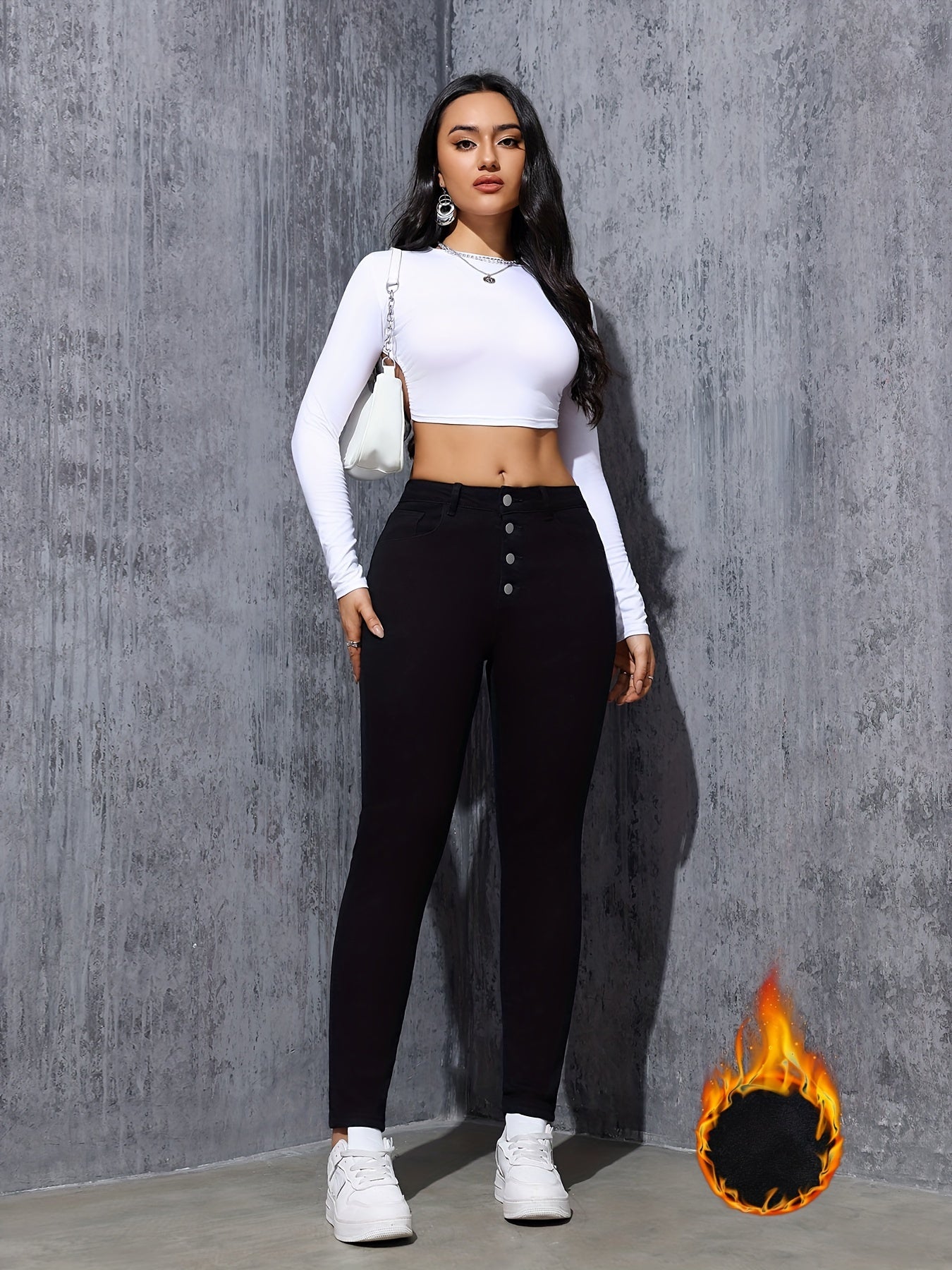 Damen Skinny Jeans Schwarz Hoher Bund Knopfverschluss