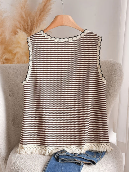 Dame strikket topp i boho-stil med striper og frynser, ermeløs – Perfekt for vår og sommer
