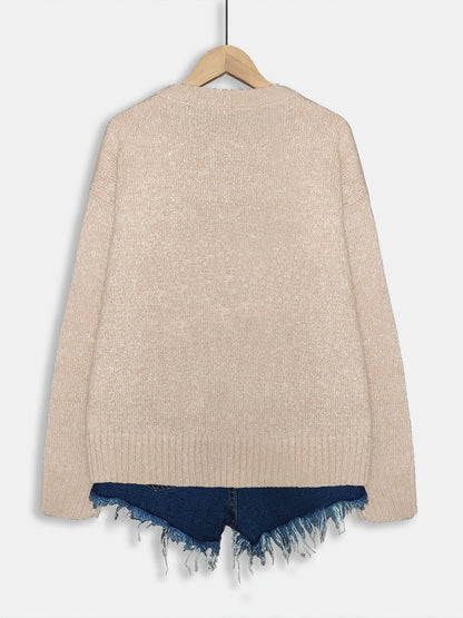 Damen Strickpullover mit Rundhalsausschnitt und Katzen-Print