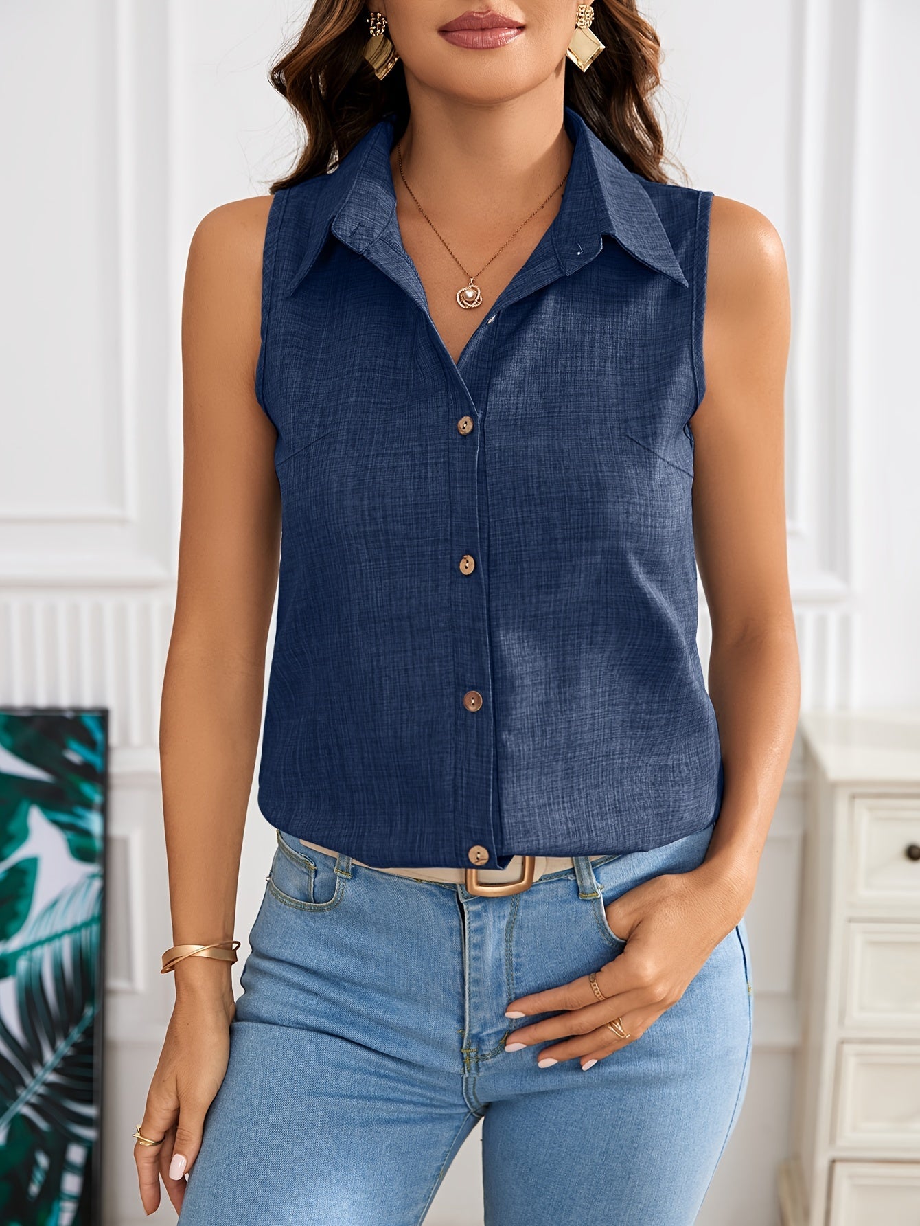 Top blouse femme sans manches élégant avec patte de boutonnage – été loisirs affaires